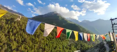 Colorful Buddhist prayer flags in Spiti mountains